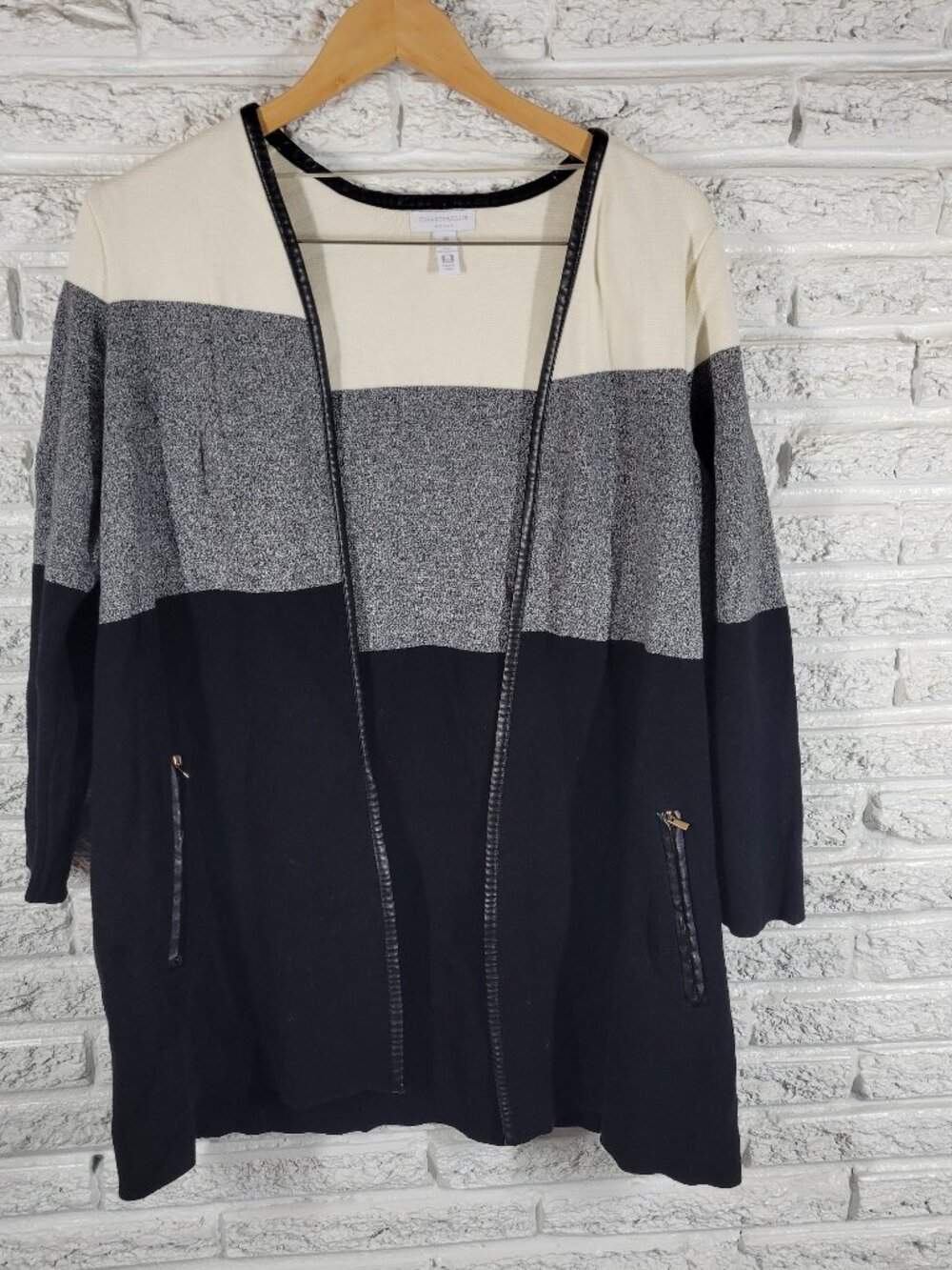 Charter Club Open Sweater Womens 0X Faux Leather Trim Knit Cardigan Zip SWE49E